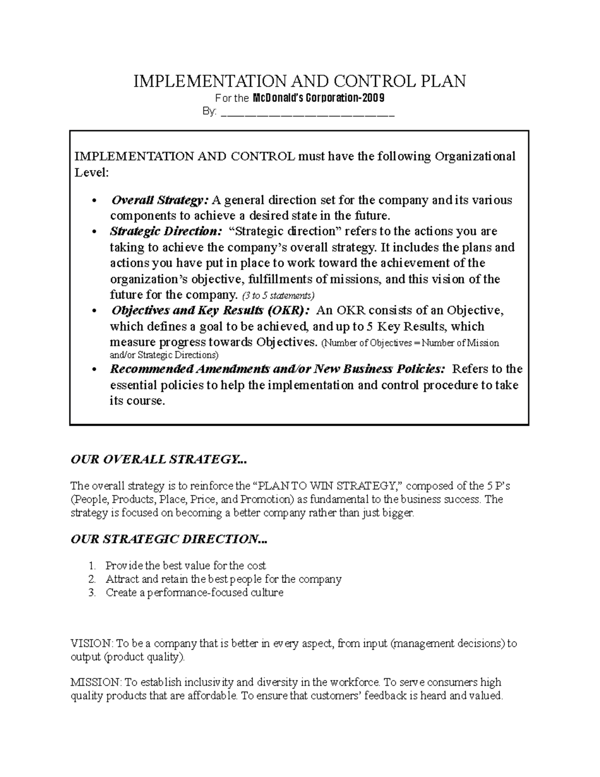 Implementation AND Control PLAN - IMPLEMENTATION AND CONTROL PLAN For ...