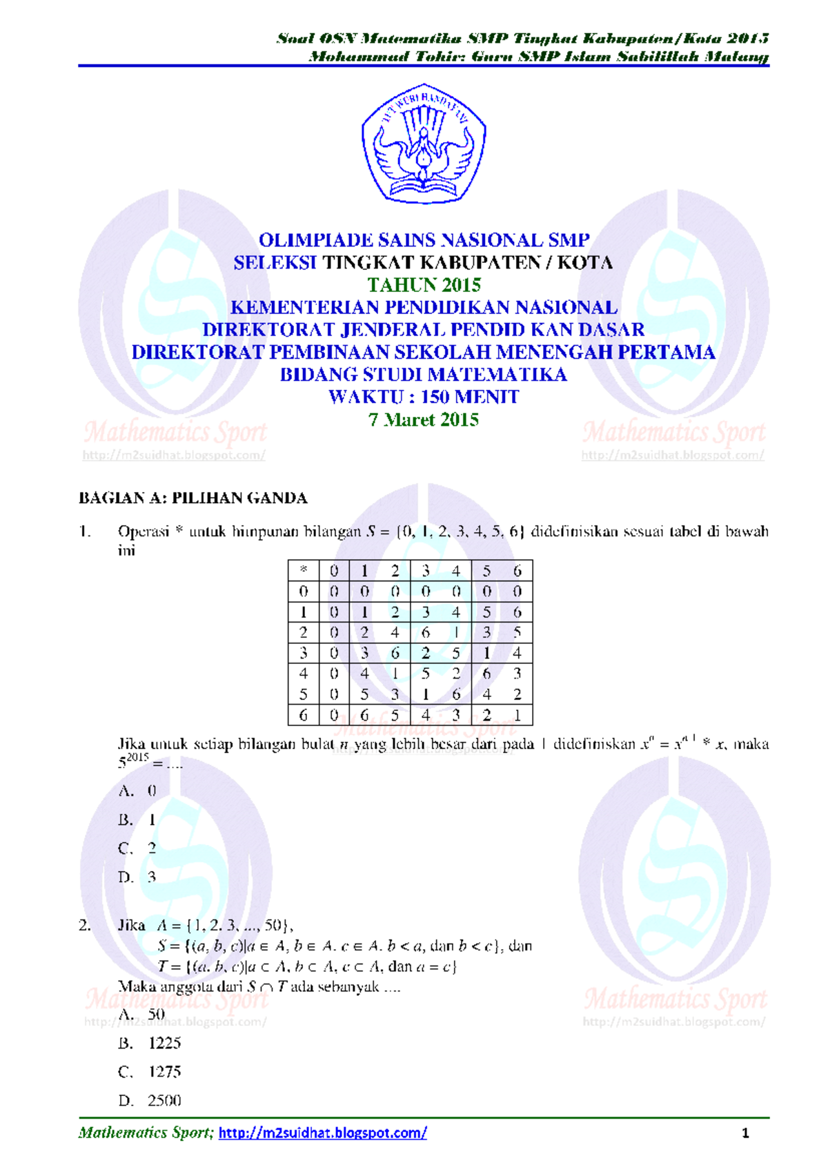 Soal OSN Matematika SMP Tingkat Kota B - Pendidikan Kimia - Studocu