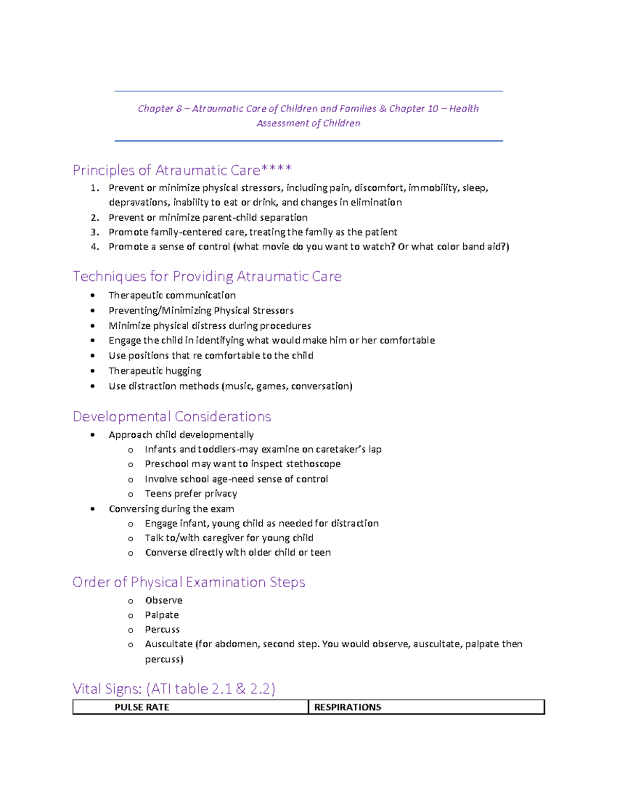 PEDS Chapter 8 and Chapter 10 Notes - Chapter 8 – Atraumatic Care of ...