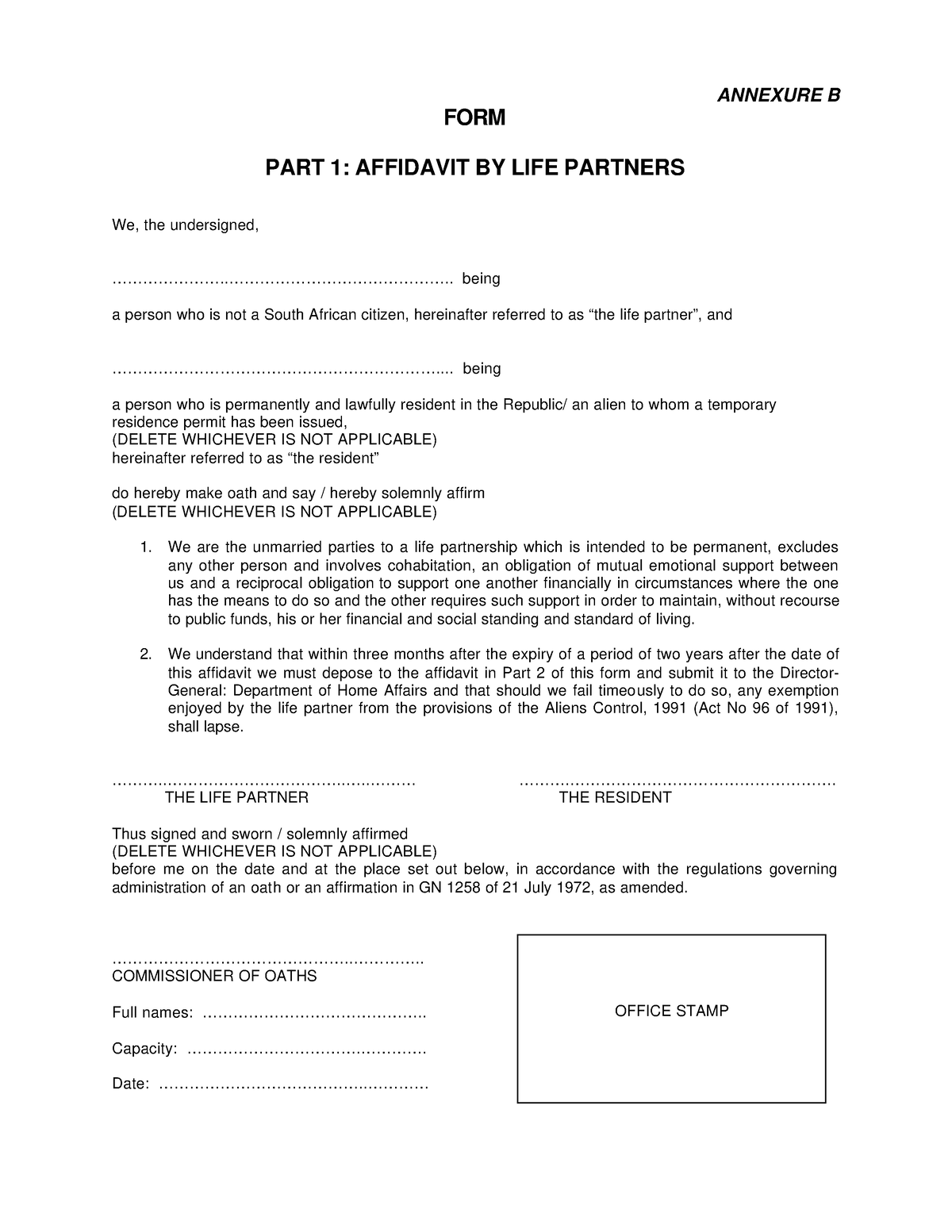 Life Partners - notes - ANNEXURE B FORM PART 1: AFFIDAVIT BY LIFE ...