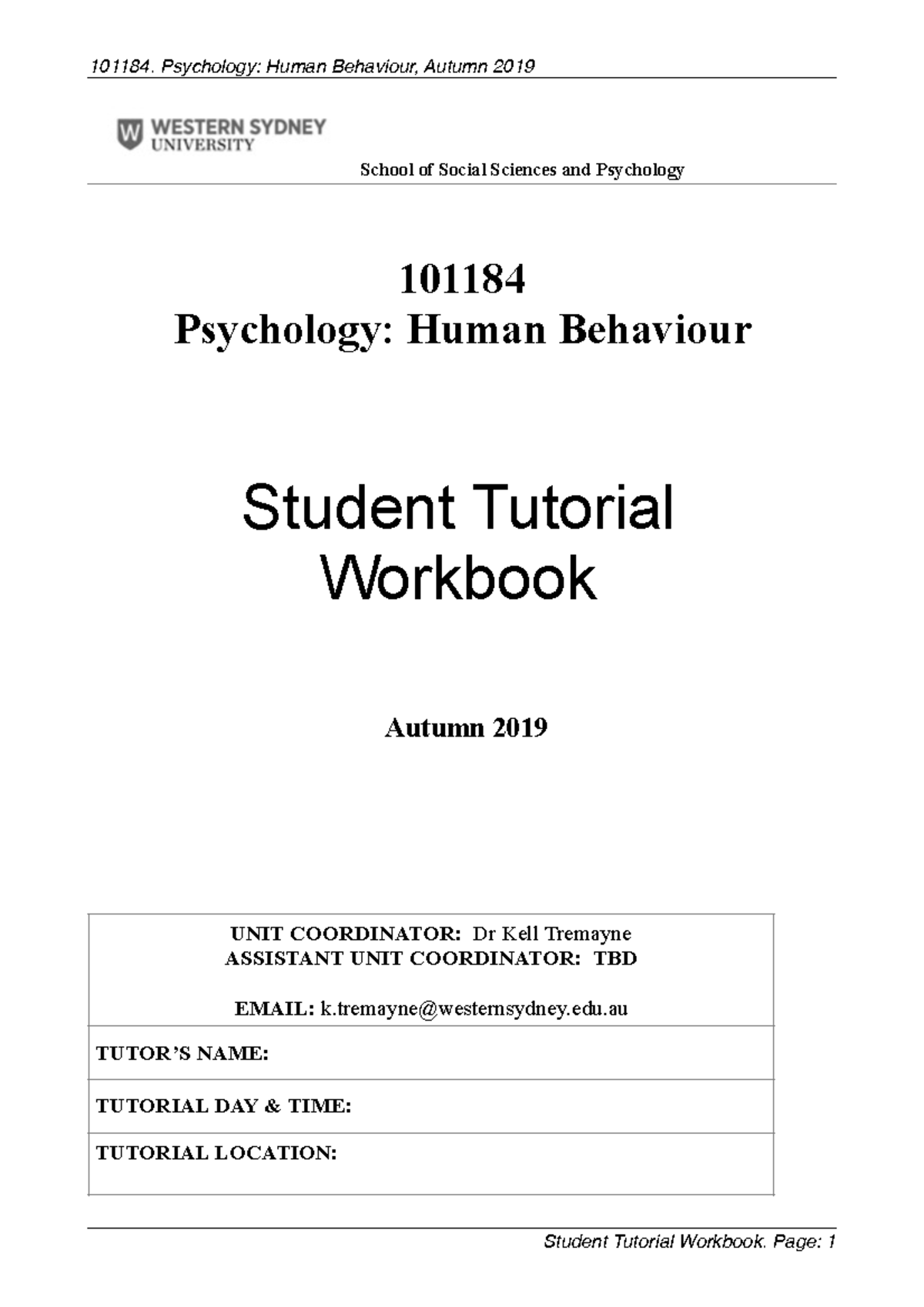 Tutorial Workbook Autumn 2019 - 101184 Psychology: Human Behaviour ...