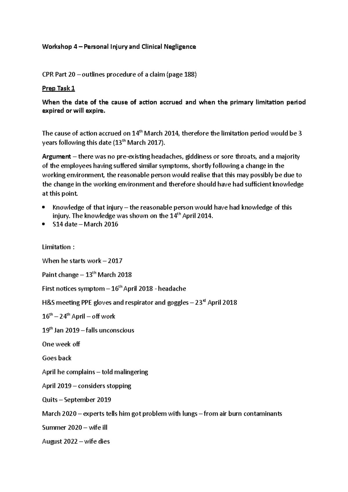 Workshop 4 - Workshop 4 – Personal Injury and Clinical Negligence CPR ...