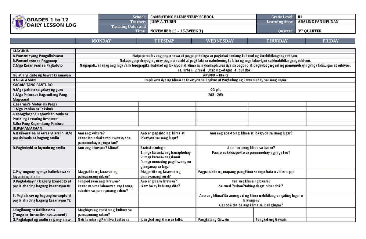 DLL Araling Panlipunan 3 Q3 W3 - GRADES 1 to 12 DAILY LESSON LOG School ...