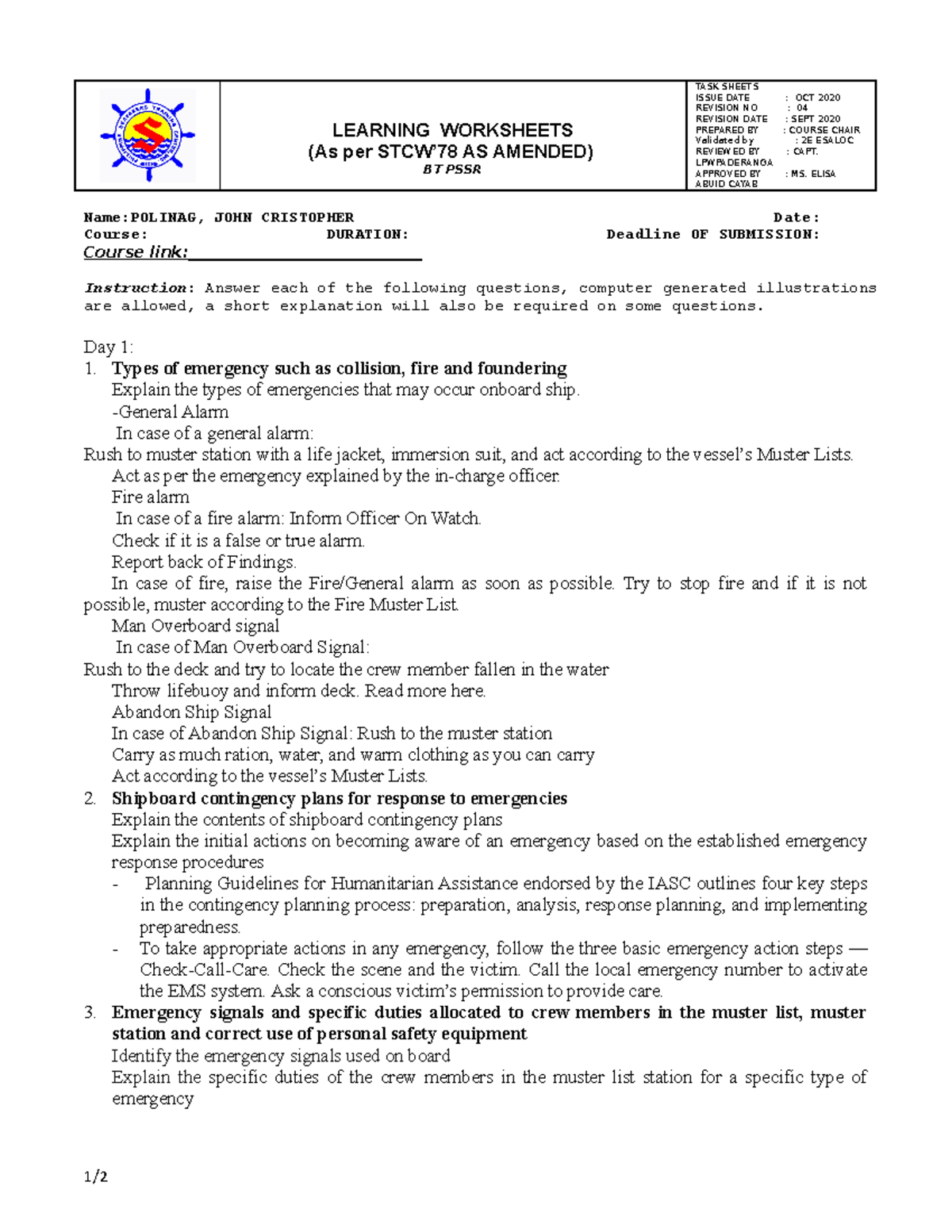 Polinag BT Pssrworksheet - LEARNING WORKSHEETS (As per STCW’78 AS ...