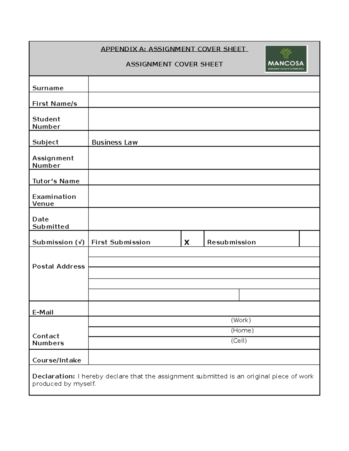 Assignment Cover Sheet - APPENDIX A: ASSIGNMENT COVER SHEET ASSIGNMENT ...