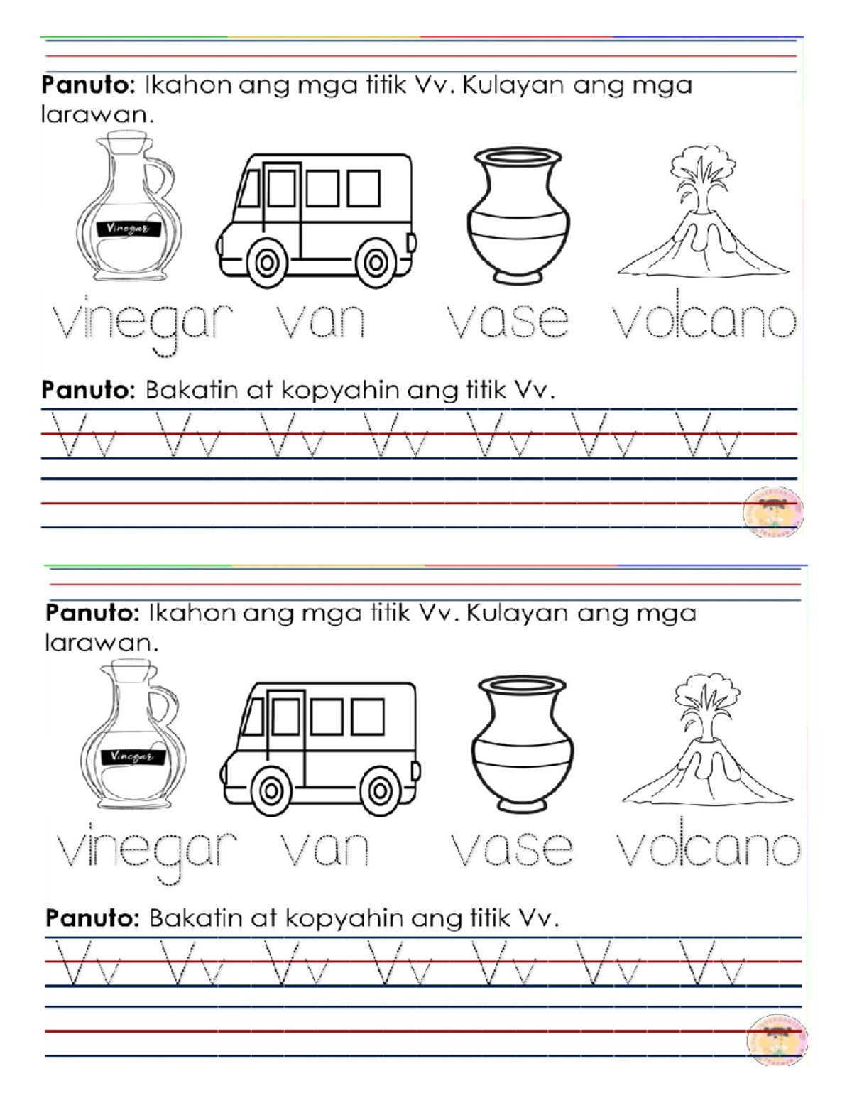 worksheets activity - Panuto: Ikahon ang mga titik Vv. Kulayan ang mga ...