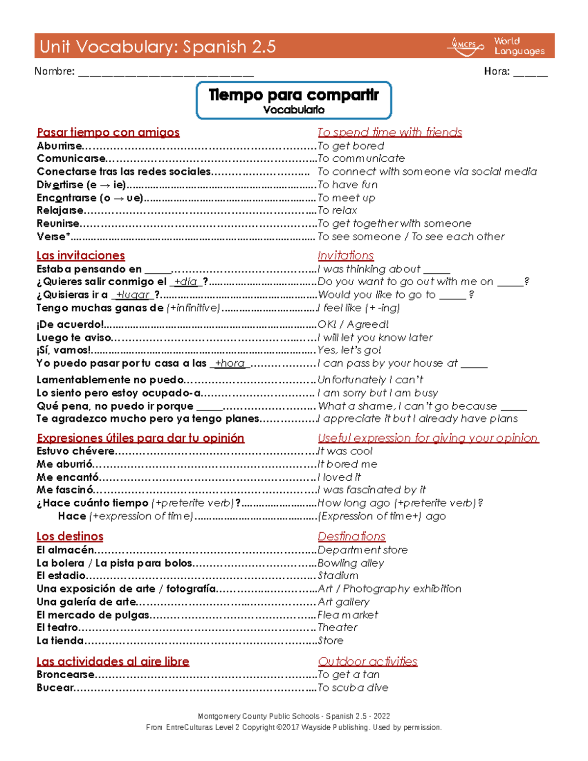 Span2.5 Unit Vocabulary - Google Docs - Unit Vocabulary: Spanish 2 ...