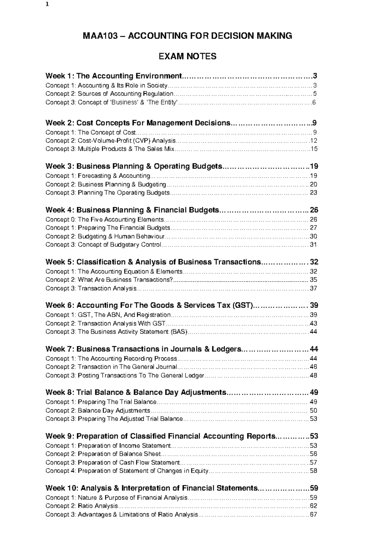 Accounting week 1 - MAA103 – ACCOUNTING FOR DECISION MAKING Week 1: The ...