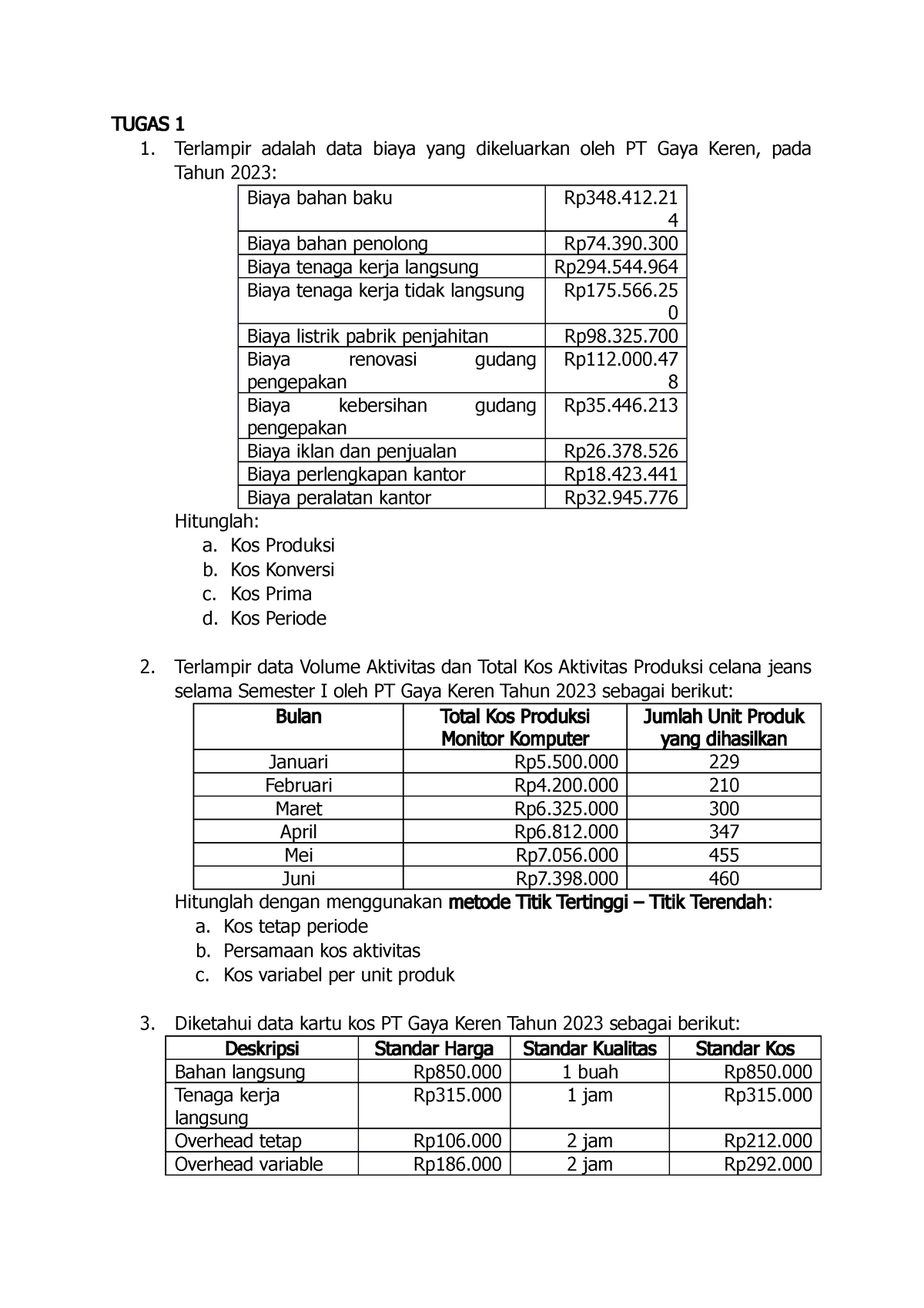 Farhan Fauzan Tugas 1 AKBI - TUGAS 1 Terlampir Adalah Data Biaya Yang ...