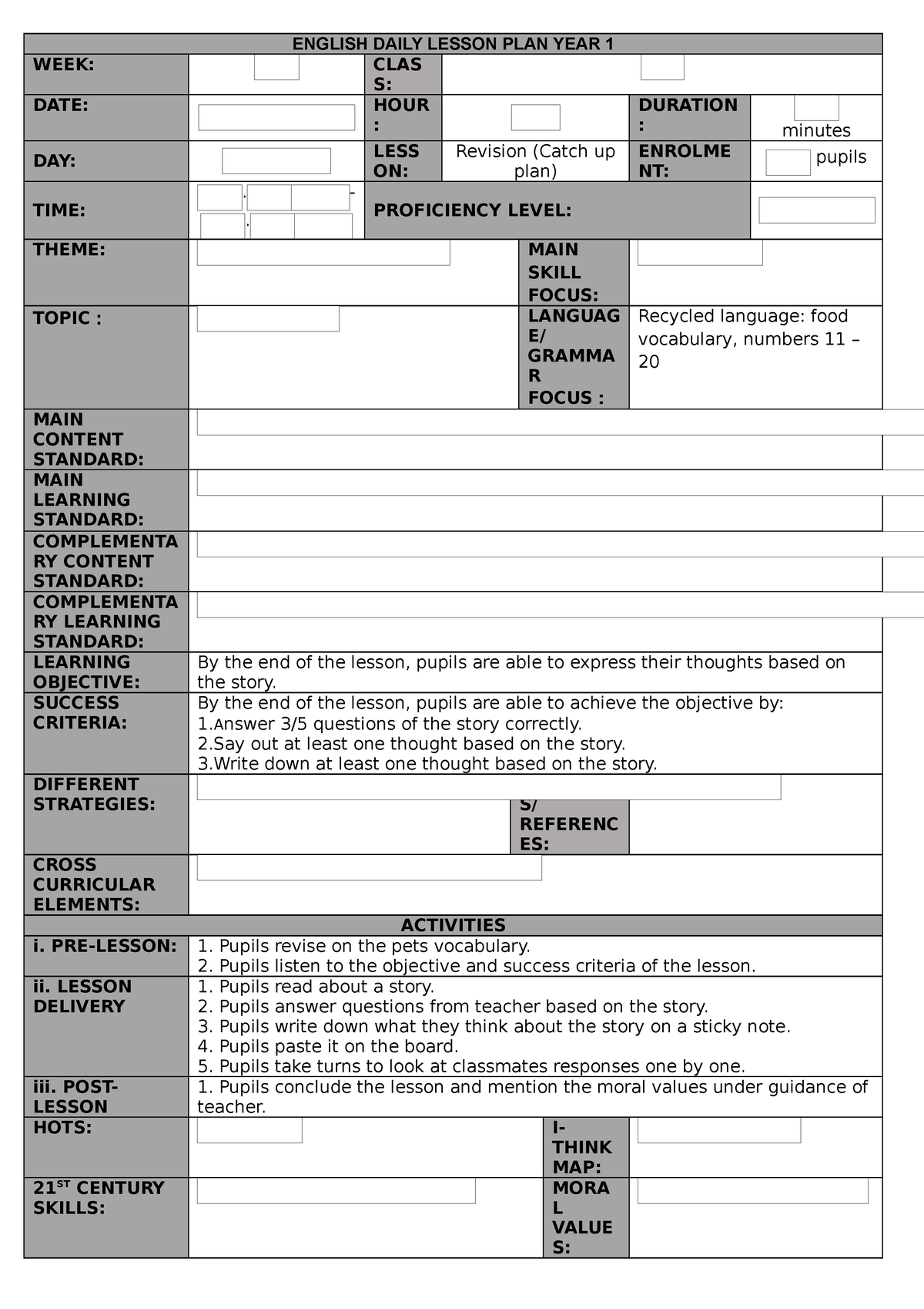 RPH BI Year 1 template - RPH - ENGLISH DAILY LESSON PLAN YEAR 1 WEEK ...