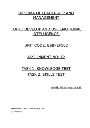 Assessment Task 1 - Answers - Assessment Task 1: Knowledge Test Q1 ...
