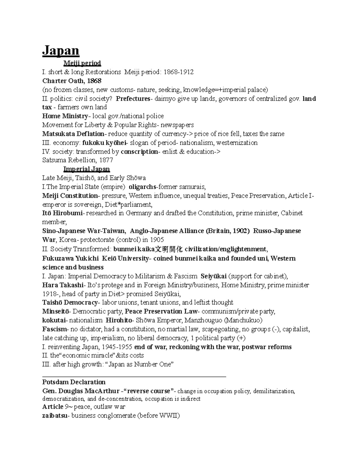 History 171 Exam Study Guide - Japan Meiji period I. short & long ...