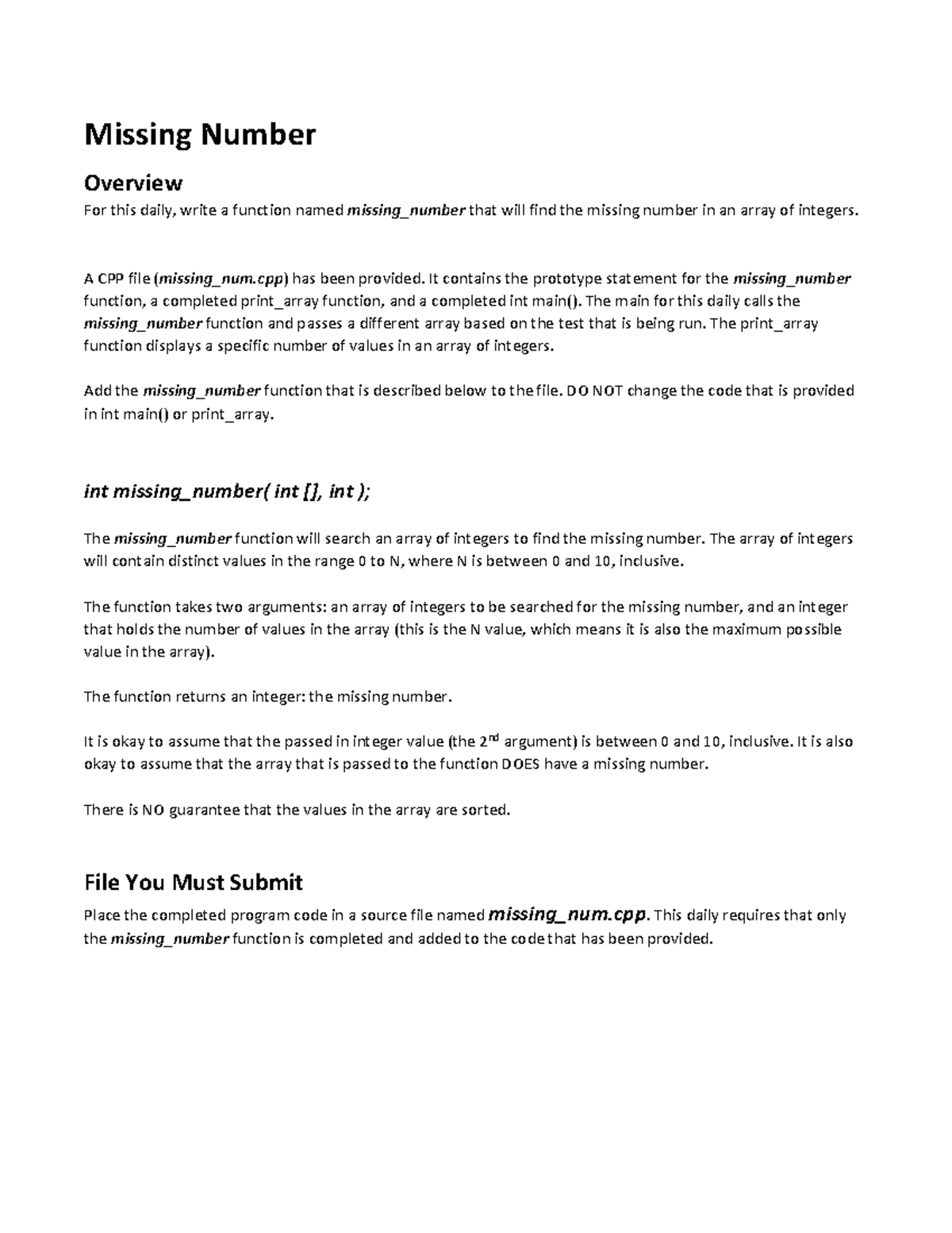 Missing Number - Missing Number Overview For this daily, write a ...