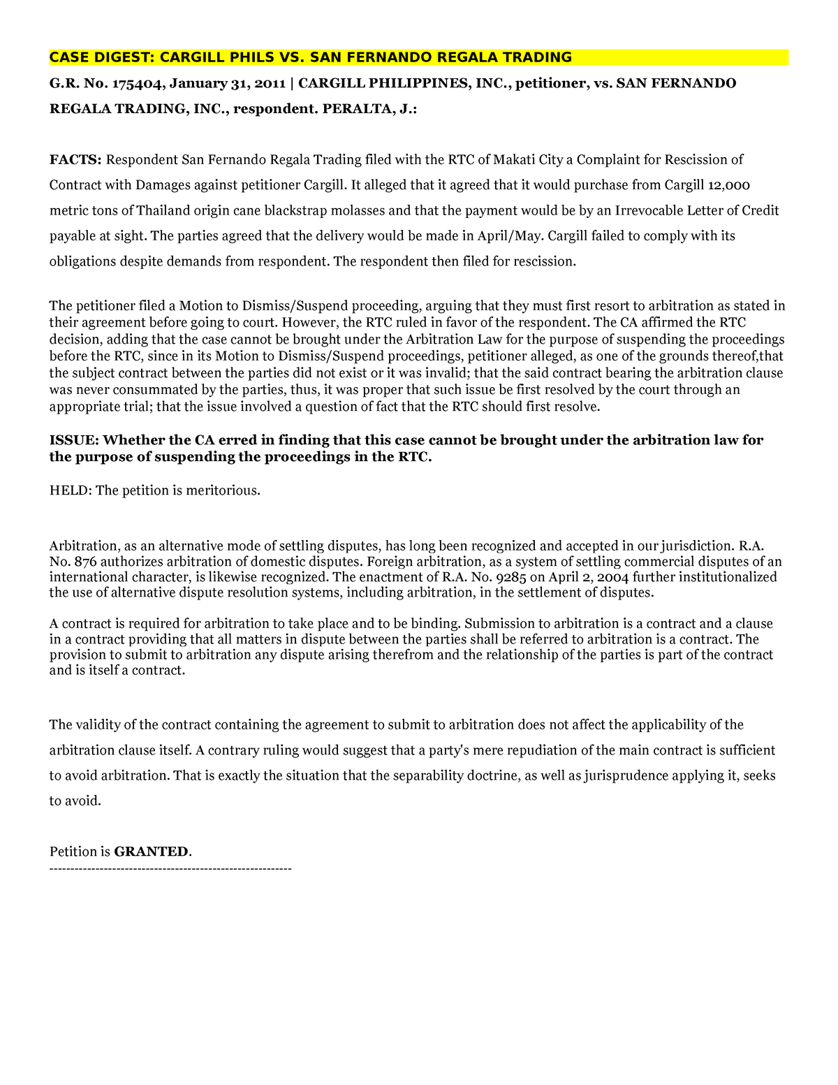 ADR Digest - CASE DIGEST: CARGILL PHILS VS. SAN FERNANDO REGALA TRADING ...