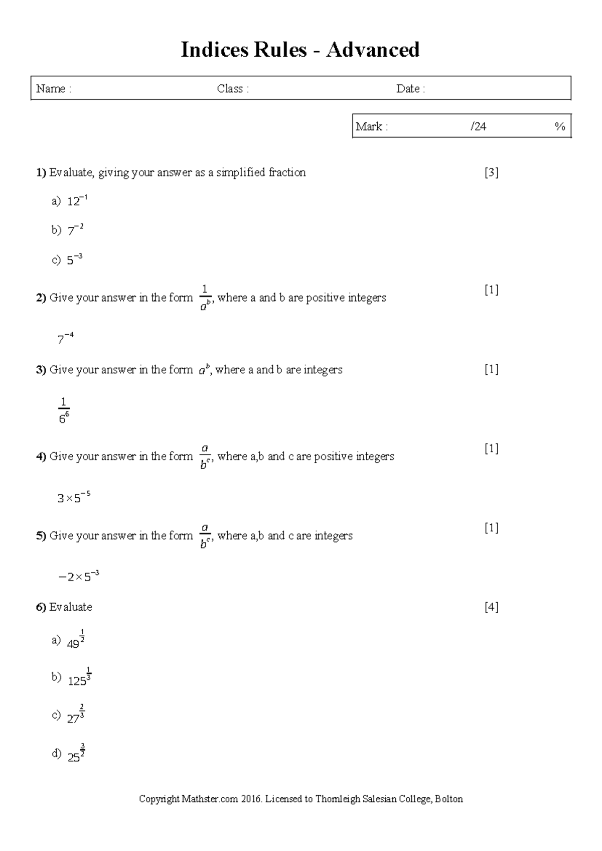 Indices Rules - Advanced - 2 - Indices Rules - Advanced Name : Class ...