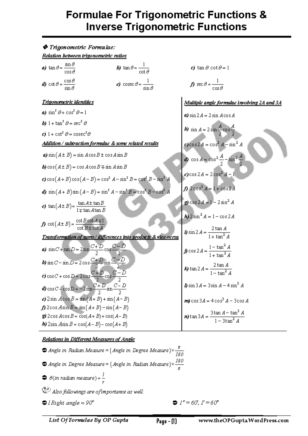 Formula sheet itf - Formulae For Trigonometric Functions & Inverse ...