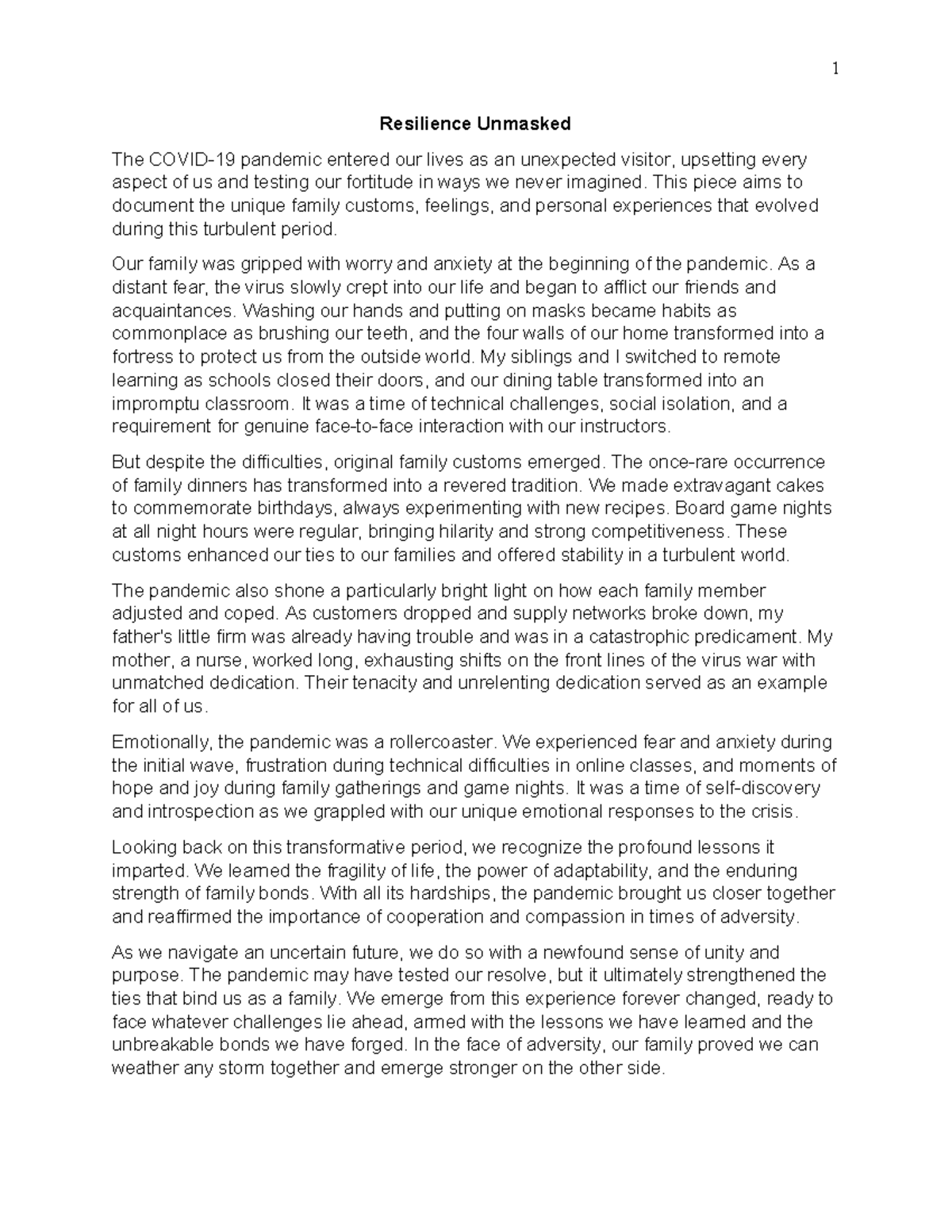 Covid 19 Essay Improved final doc - 1 Resilience Unmasked The COVID-19 ...