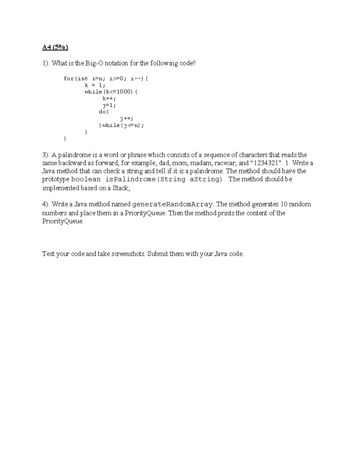 A4 - 2024 - Writing java code having sets and maps - A4 (5%) 1). What ...
