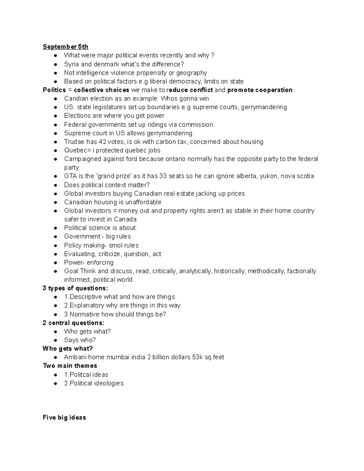 Poli Sci - Lecture notes 1-14 - September 5th What were major political ...