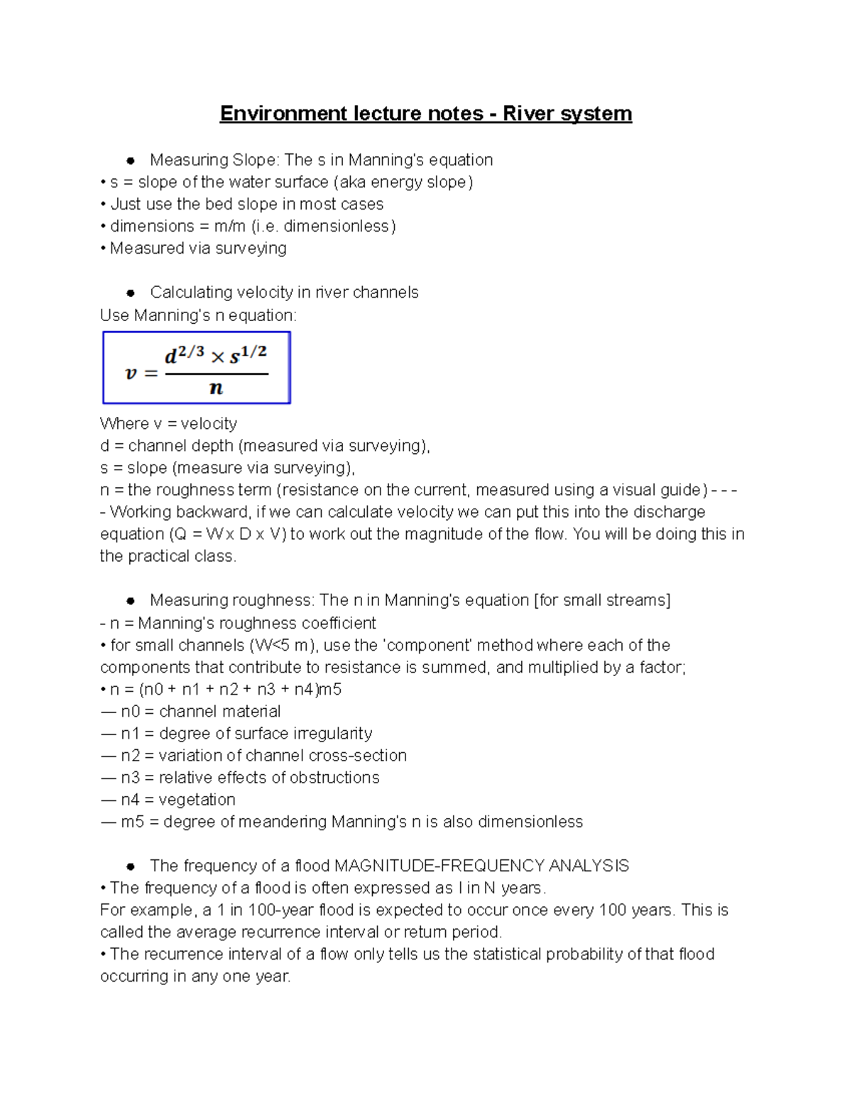 Environment lecture notes - River system - dimensionless) Measured via ...