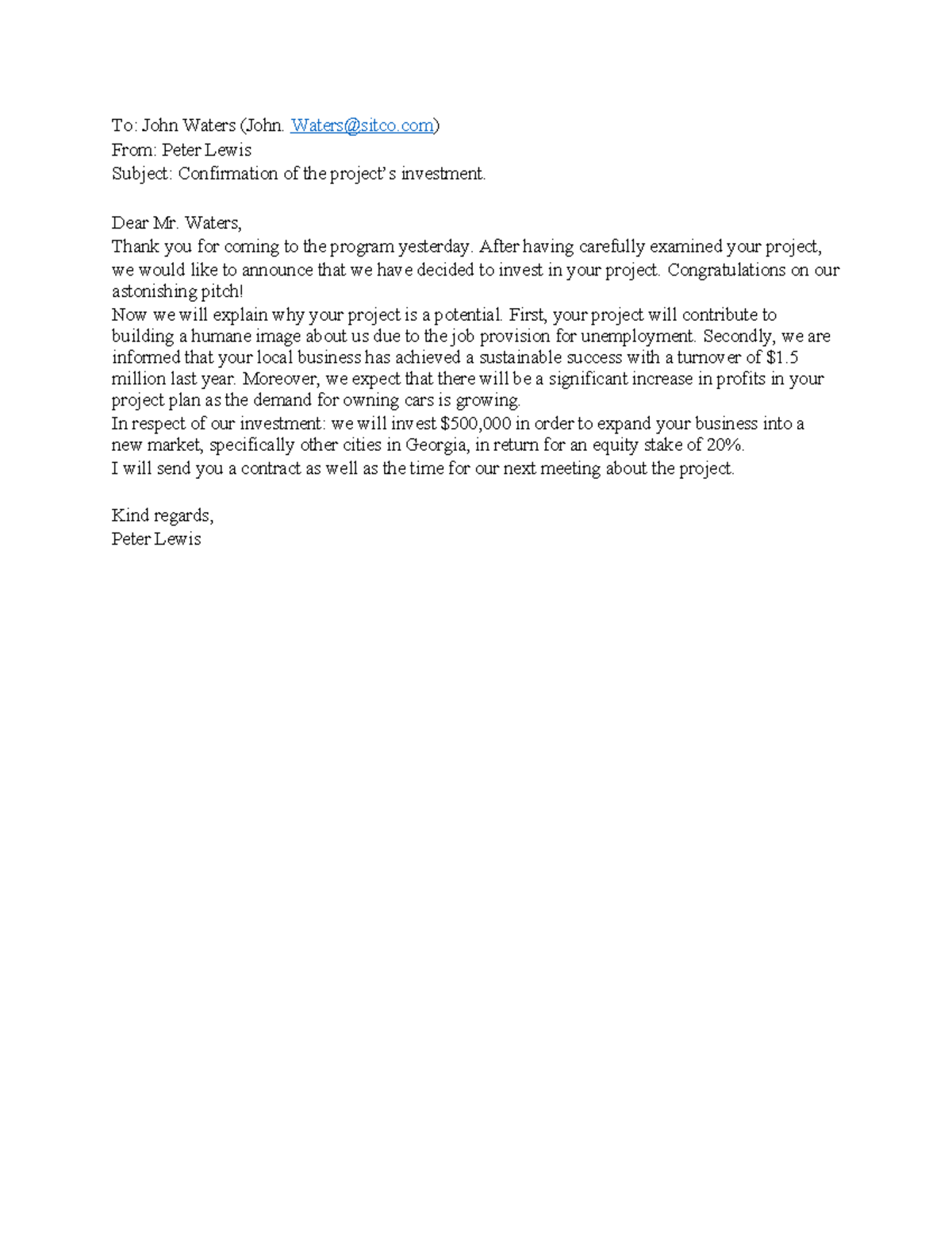 THTH case study 6 - Writing email - To: John Waters (John. Waters@sitco ...