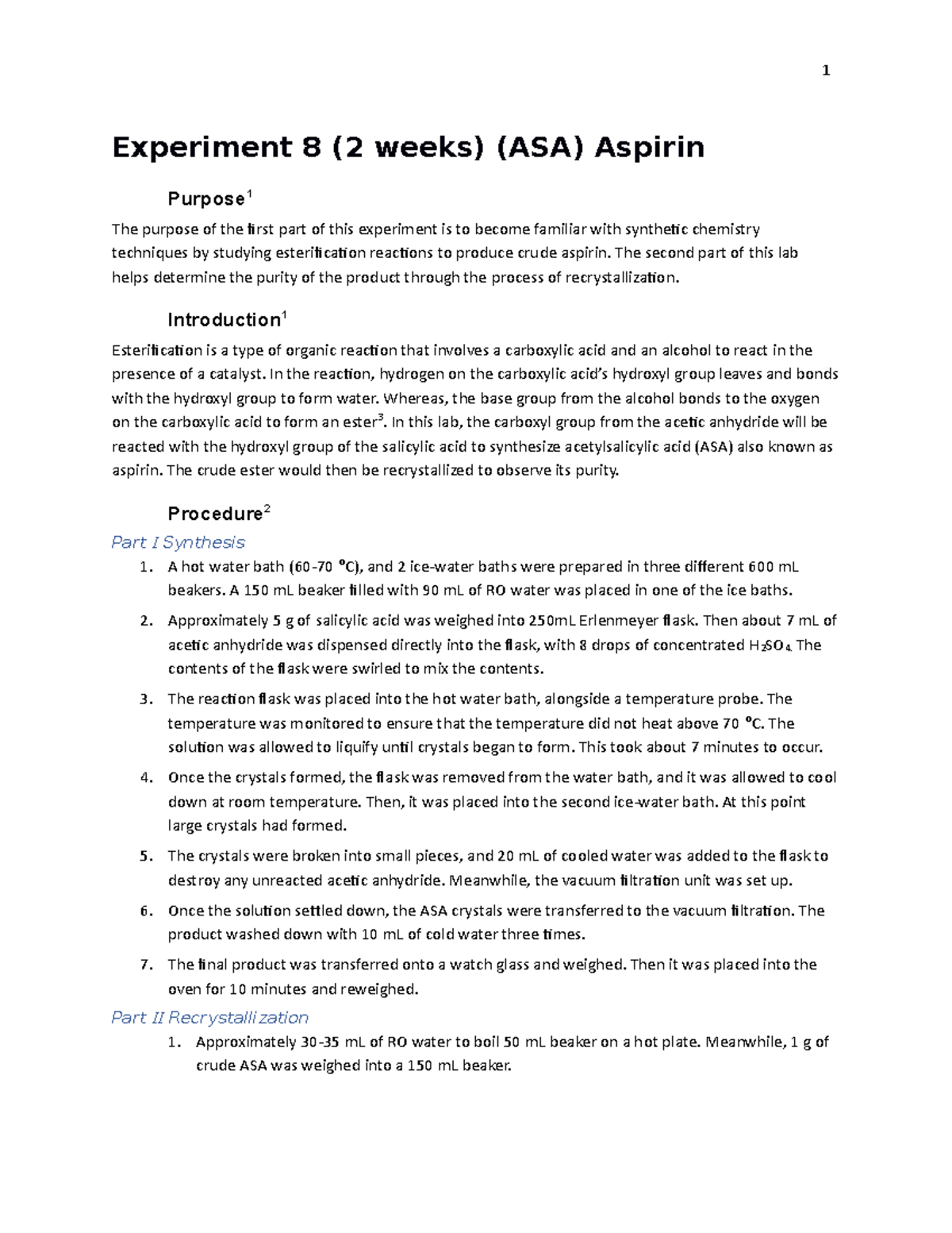 Chem112 Lab Aspirin - Chem lab - Experiment 8 (2 weeks) (ASA) Aspirin ...