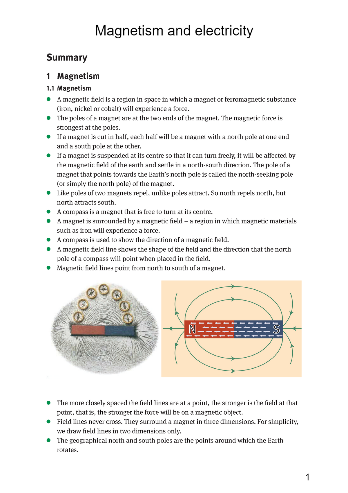 Magnetism And Electricity - Summary 1 Magnetism 1 Magnetism A Magnetic ...