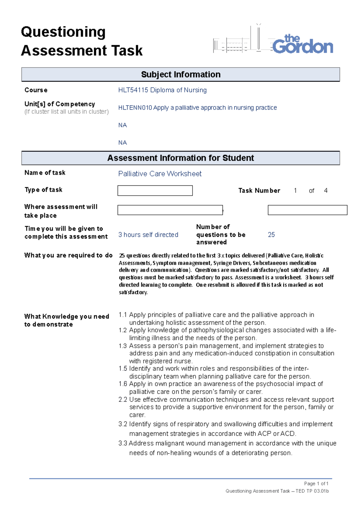 Palliative Care Worksheet - Questions are marked satisfactory/not ...