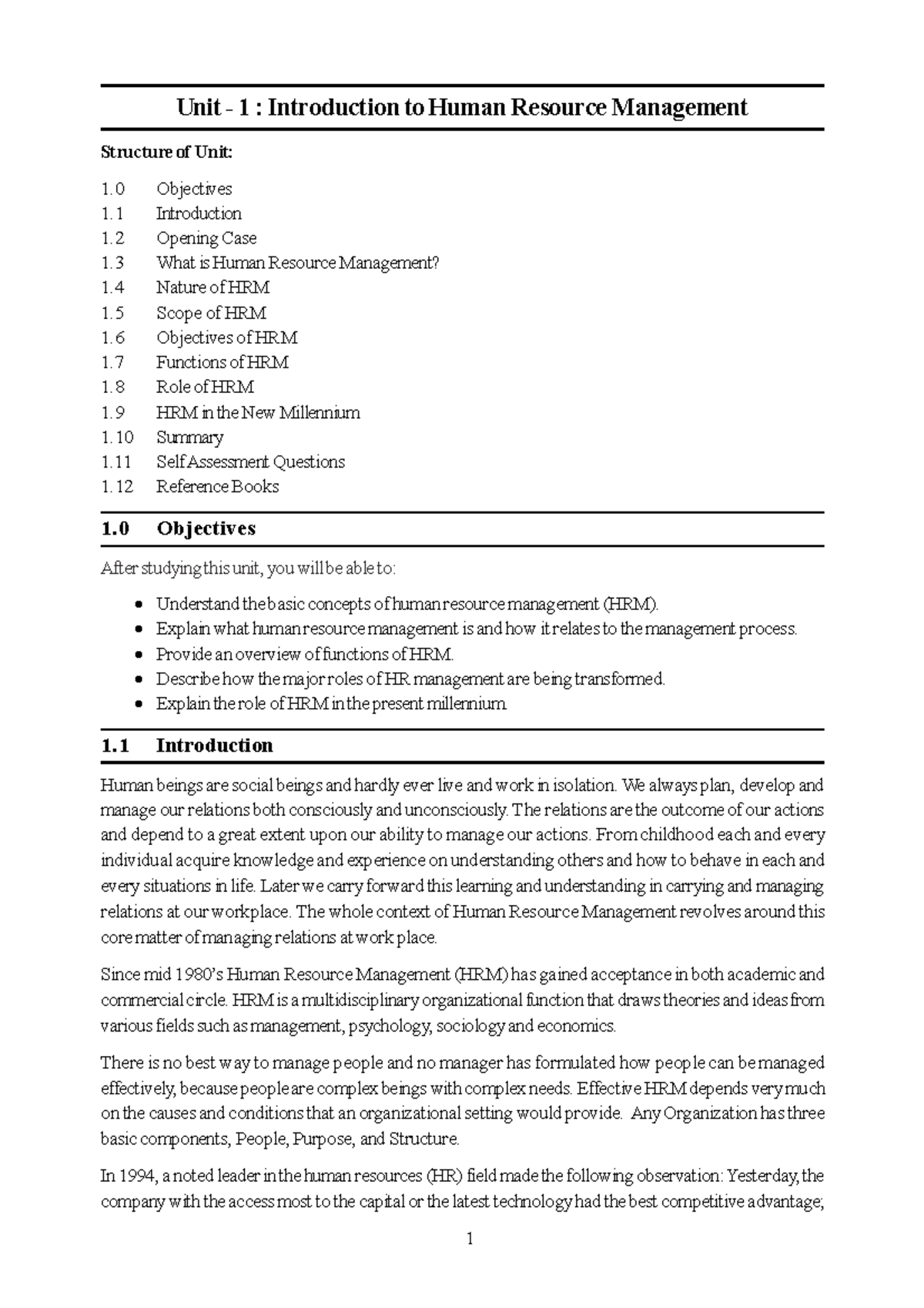 Introduction To Hrm - Unit - 1 : Introduction To Human Resource 