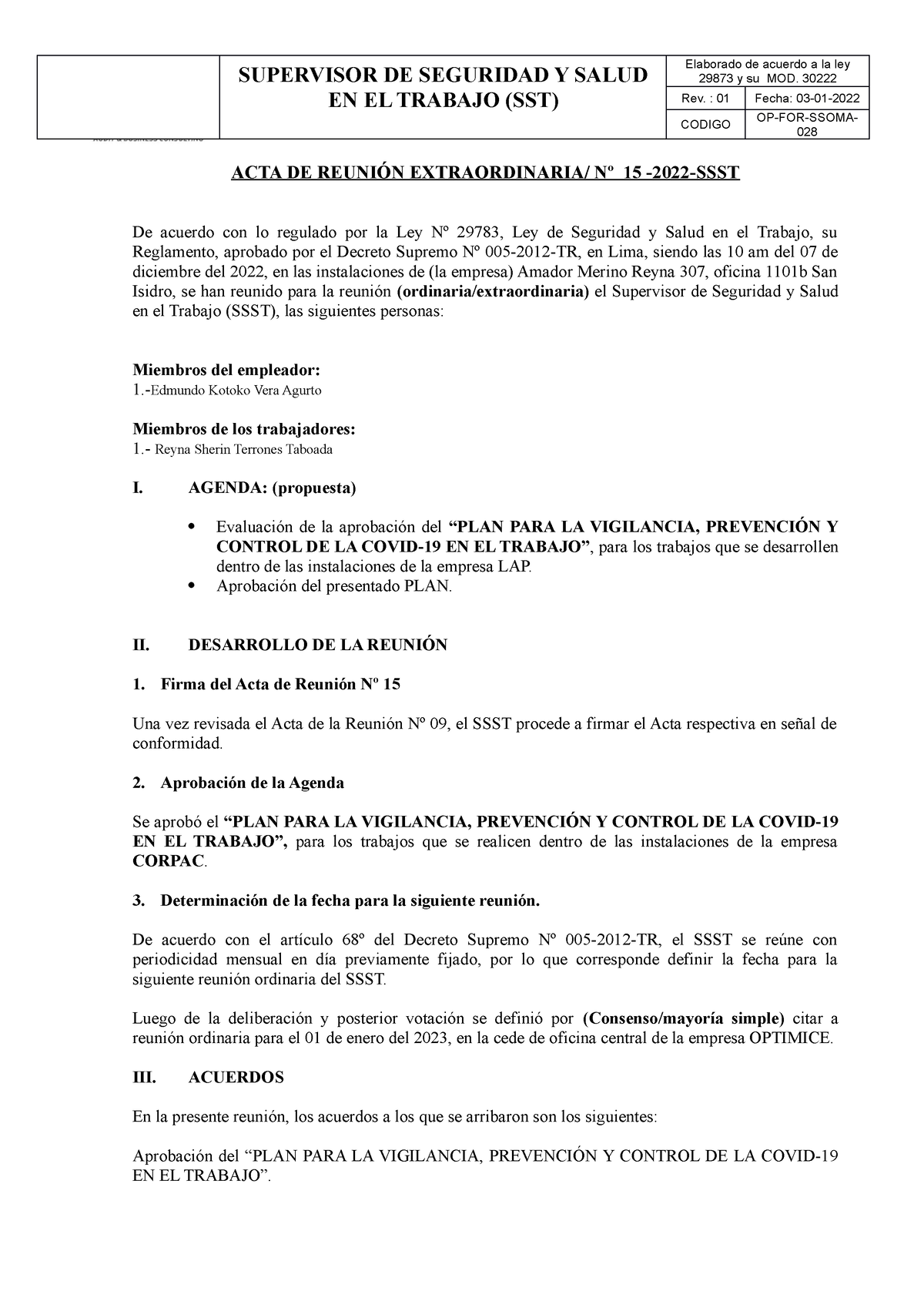 Acta De Aprovacion Optimice Supervisor De Seguridad Y Salud En El