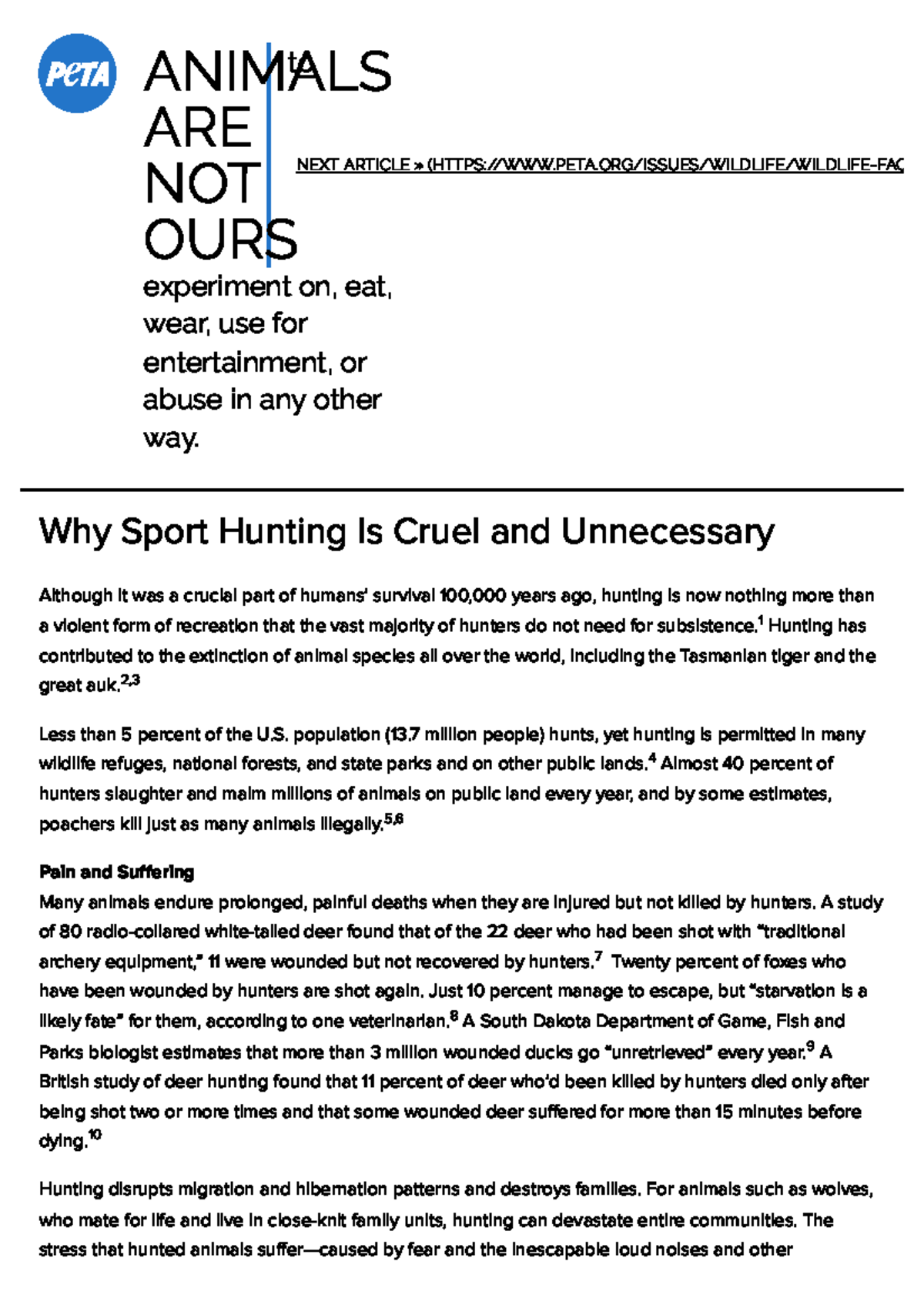 Why Sport Hunting Is Cruel and Unnecessary PETA ANIMALS ARE NOT OURS