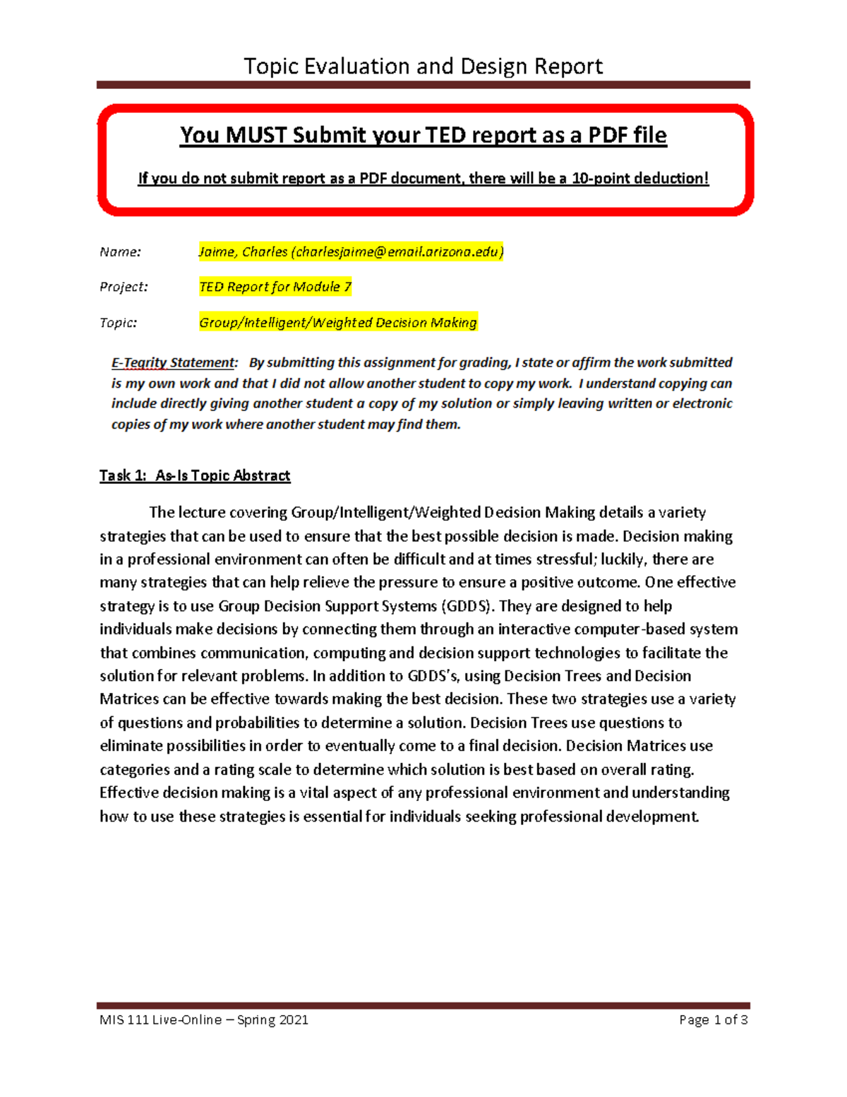 Evaluation and Design Report on Decision Making Strategies - Studocu