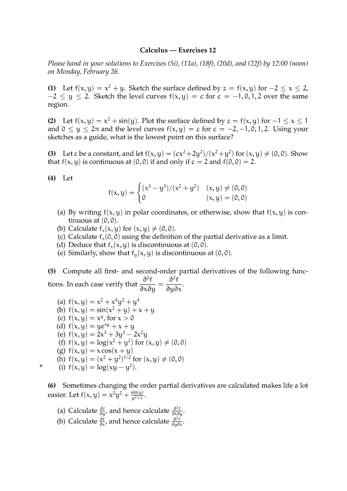 Question Sheet For Assessment 12 Of The Calculus Module Calculus Exercises 12 Please Hand In Studocu