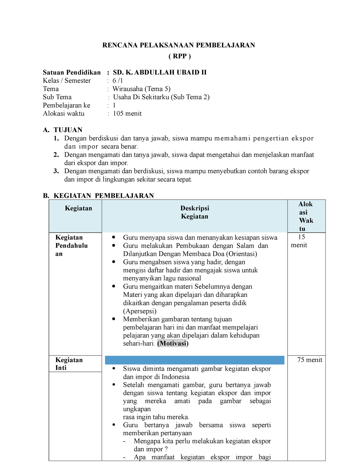 RPP Kelas 6 - Rencana Pelaksanaan - RENCANA PELAKSANAAN PEMBELAJARAN ...