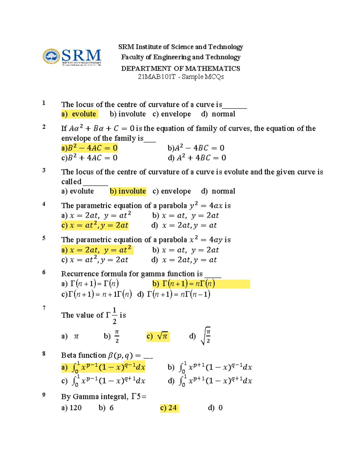 Unit IV & V Sample MCQs - SRM Institute of Science and Technology ...