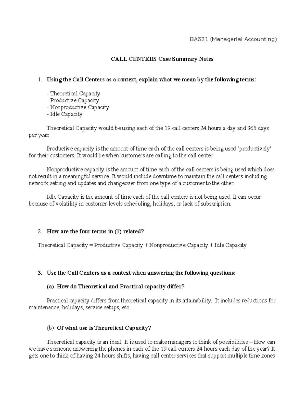 CALL Centers Case Summary Notes - BA621 (Managerial Accounting) CALL ...