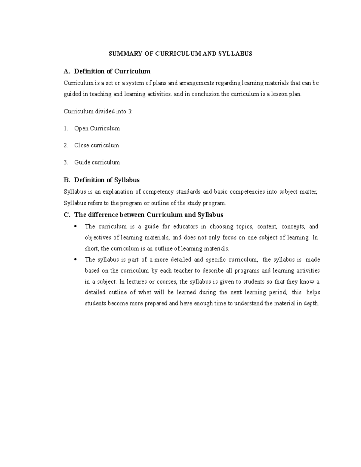 Summary OF Curriculum AND Syllabus - SUMMARY OF CURRICULUM AND SYLLABUS ...