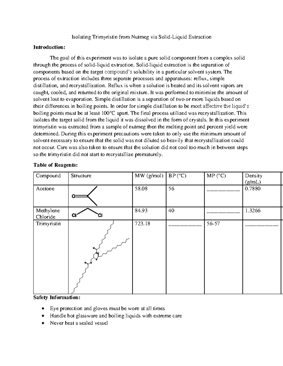 Extraction Lab Report Isolating Trimyristin from Nutmeg via Solid