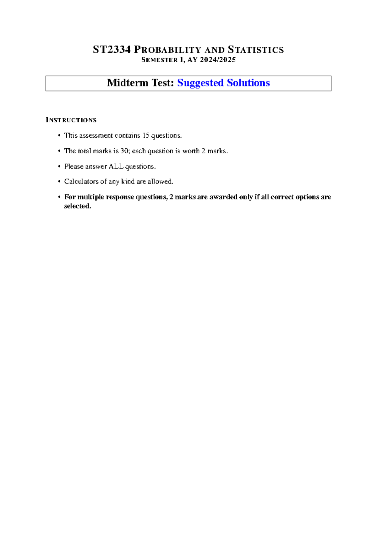 Midterm 2425 sem01 sol - ST2334 PROBABILITY AND STATISTICS SEMESTER I ...