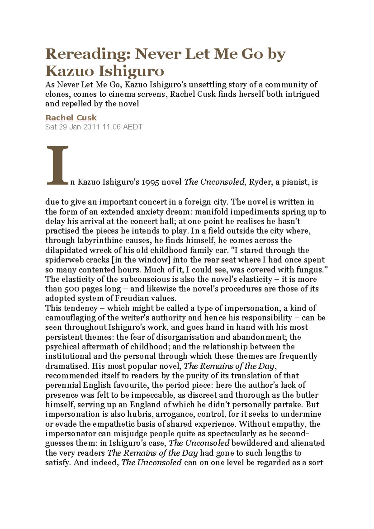 Guardian Article - Rereading: Never Let Me Go by Kazuo Ishiguro As ...