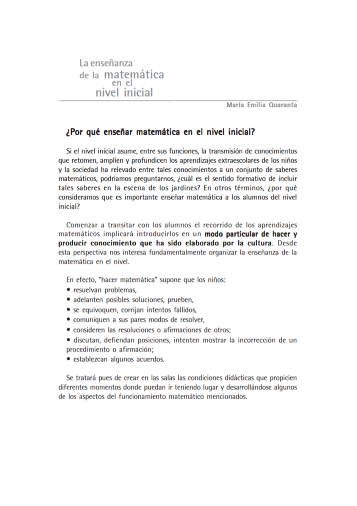 Quaranta LA Enseñanza DE LA Matematica EN EL NI - matematica - Studocu