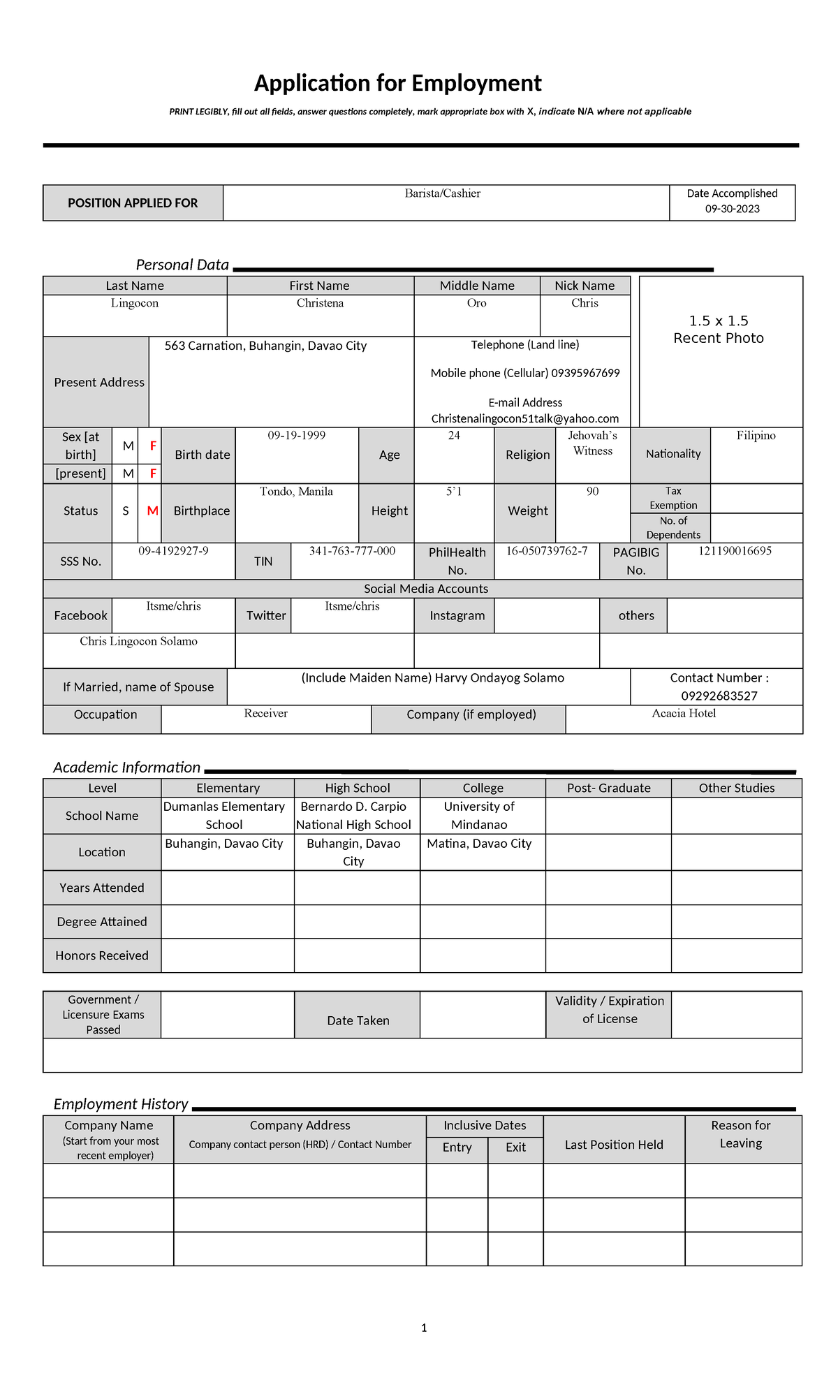 Annex Application for Employment signed - Application for Employment ...