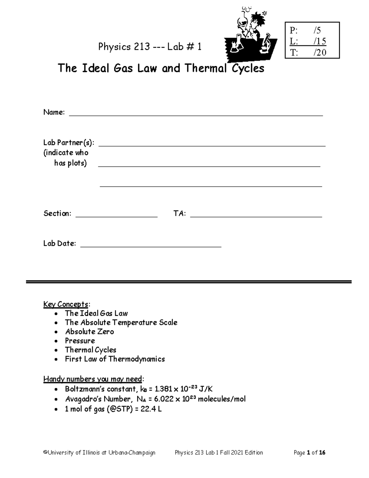 213 Lab 1-Fall2021 - Lab - Physics 213 - Lab # 1 The Ideal Gas Law And ...