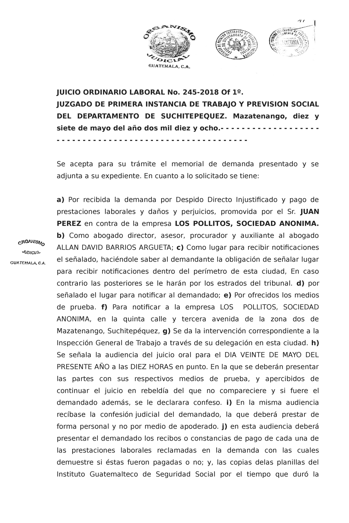 Resolucion Demanda Juicio Ordinario Laboral Juicio Ordinario Laboral