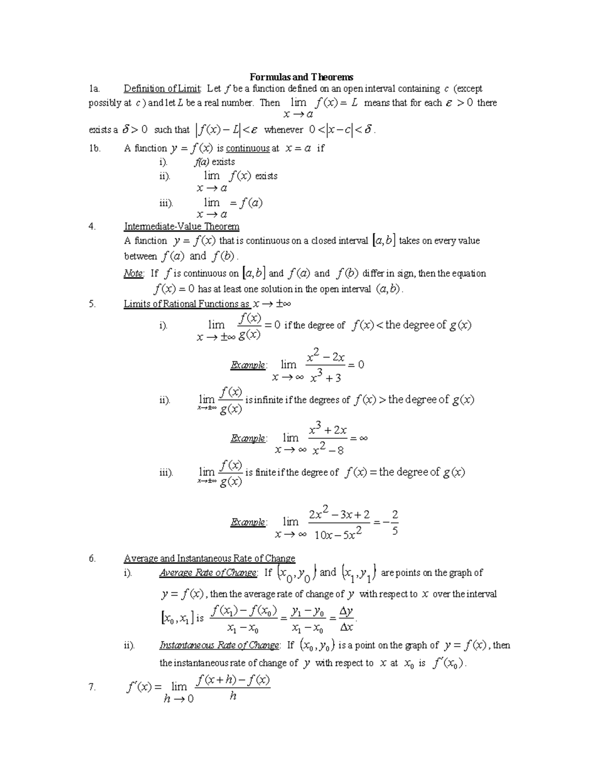 Calc 4 - sjfkdnkfscc - Formulas and Theorems 1a. Definition of Limit ...