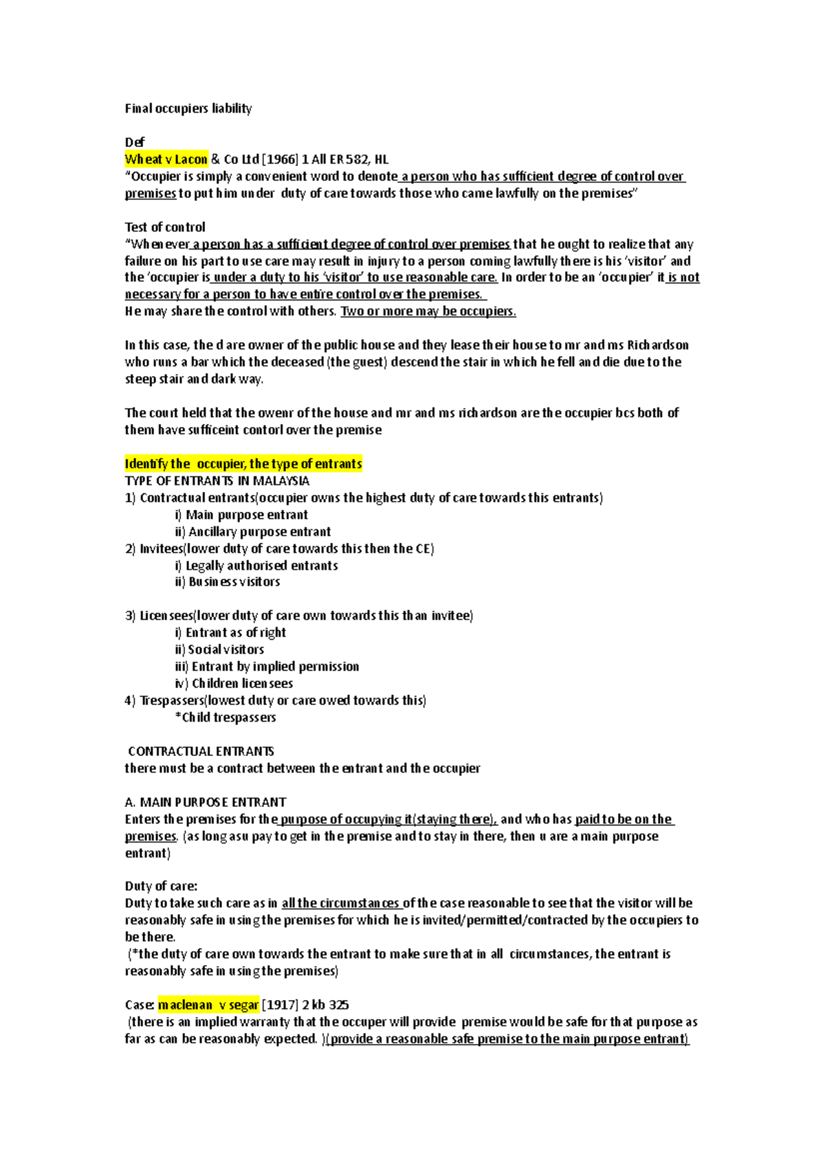 Final occupiers liability - Final occupiers liability Def Wheat v Lacon ...