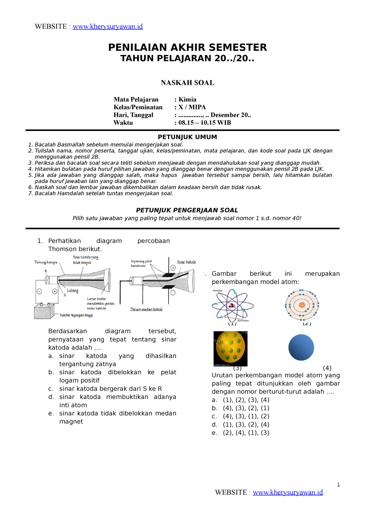 Soal PAS Kimia Kelas X - Website Www - PENILAIAN AKHIR SEMESTER TAHUN ...