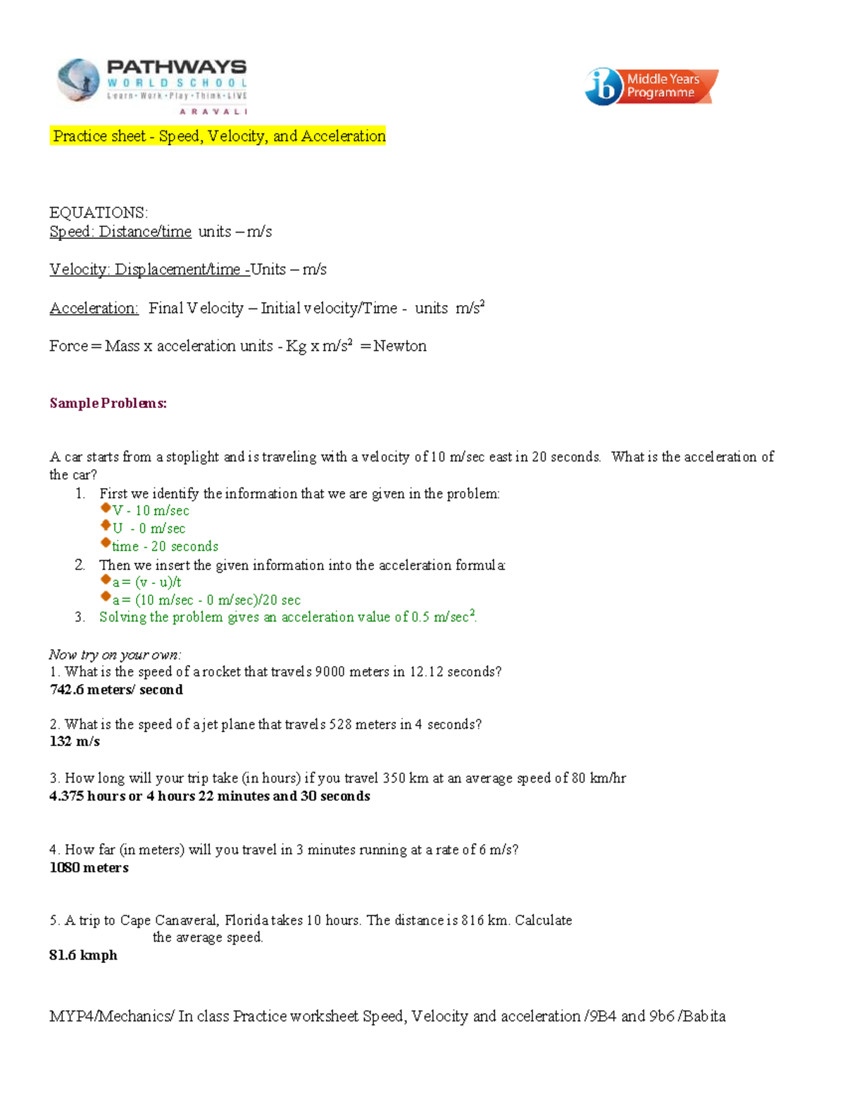 Physics Worksheet Speed Velocity - Practice sheet - Speed, Velocity ...
