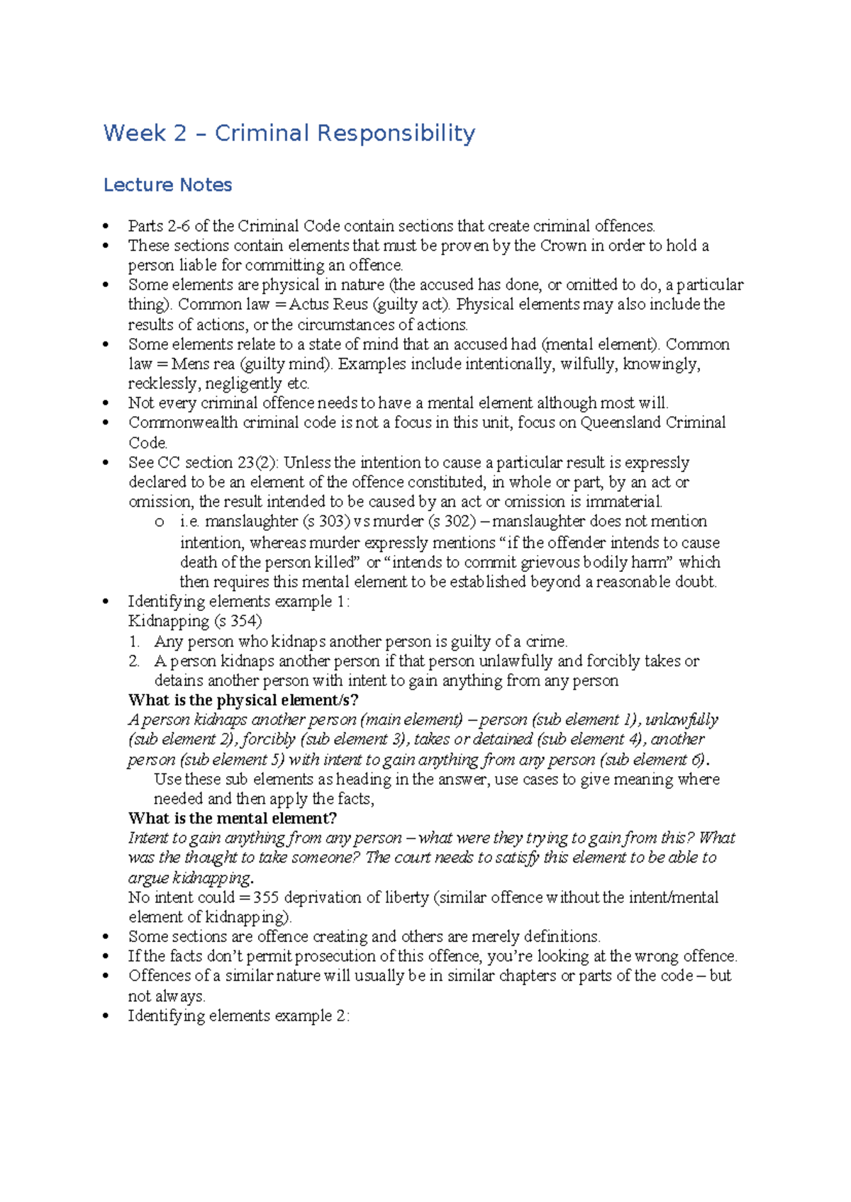Week 2 Lecture Notes - Week 2 – Criminal Responsibility Lecture Notes ...