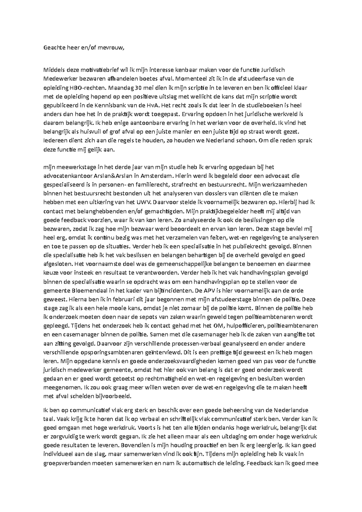 Motivatiebrief Juridisch Medewerker Afval - Geachte Heer En/of Mevrouw ...